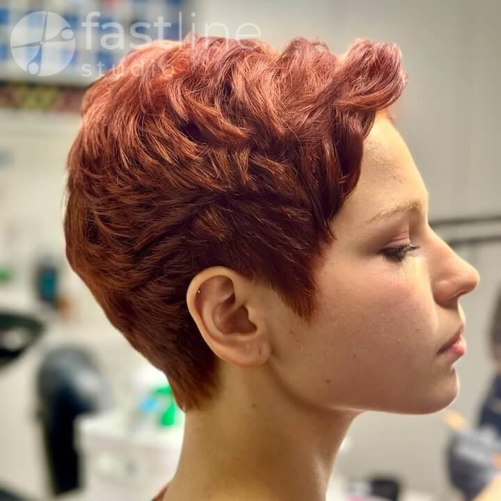 Photo after coloring short hair red, vibrant shades, Elumen Play, lightening
